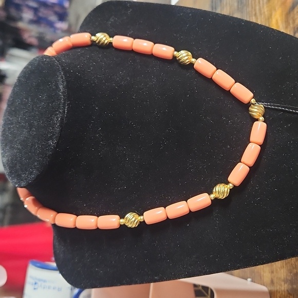 Coral and Gold Choker Necklace - Picture 2 of 5